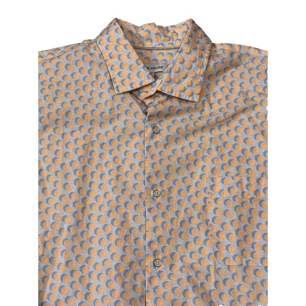 Peter Millar Mens L Orange Blue Umbrella Geometric Crown Throwing Shade Stretch